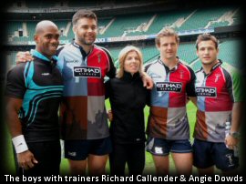 Quins Players Nick Easter, Nick Evans & Danny Care with trainers Richard Callender and Angie Dowds